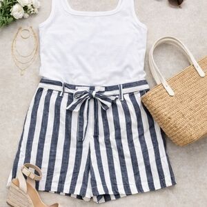 Who What Wear Striped Linen-Blend Shorts | Size 16 | Navy & White Tie-Waist Summ